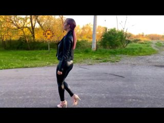 village beauty in leather leggings super girl ass and legs